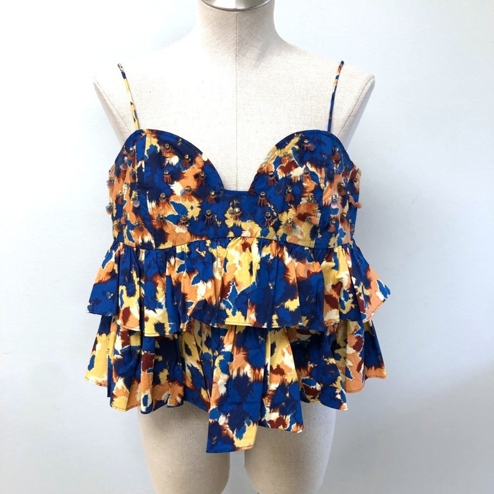 Ulla Johnson Lucia Top Womens 12 Blue Orange Embellished Ruffle Peplum Cotton